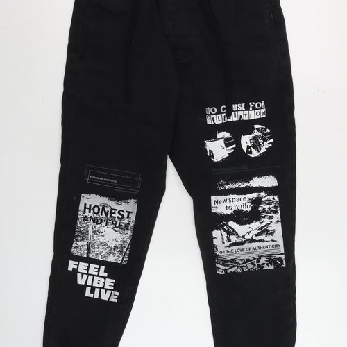 Zara Boys Black Graphic Jogger Sweatpants Size 9 Years Elastic Waist