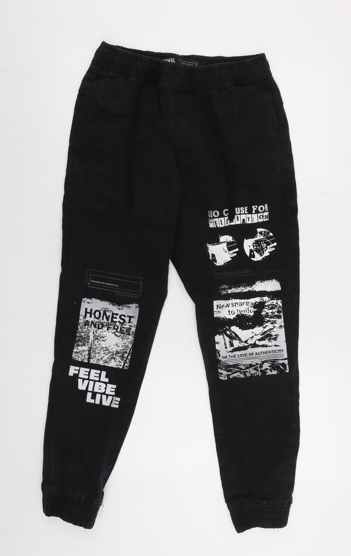 Zara Boys Black Graphic Jogger Sweatpants Size 9 Years Elastic Waist