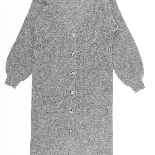 NA-KD Women Grey Long Knit Cardigan Size S V-Neck Button Front
