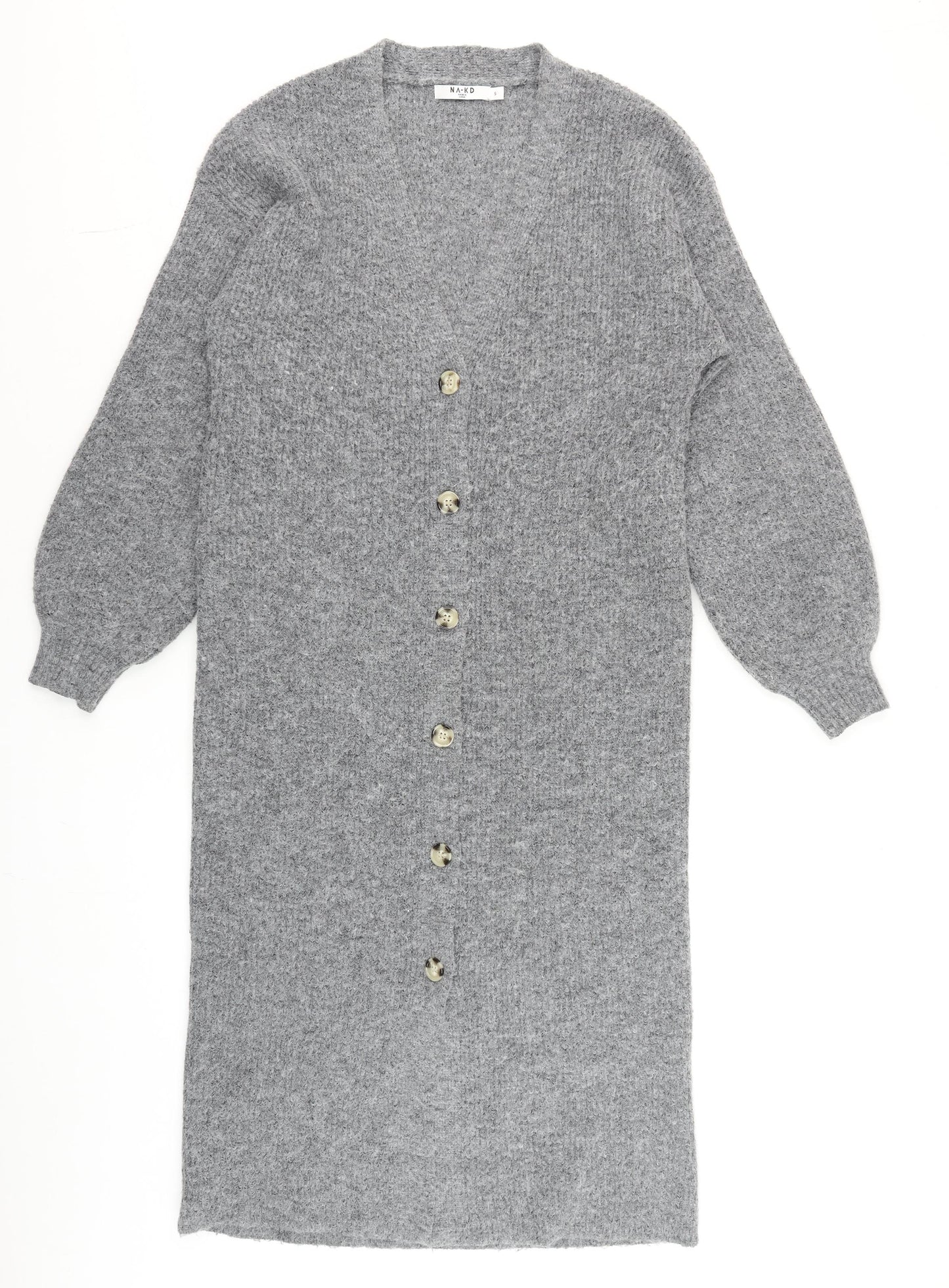 NA-KD Women Grey Long Knit Cardigan Size S V-Neck Button Front