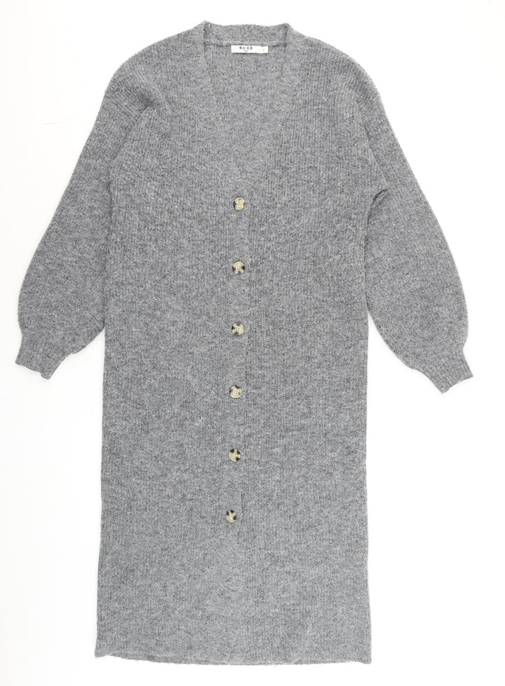 NA-KD Women Grey Long Knit Cardigan Size S V-Neck Button Front