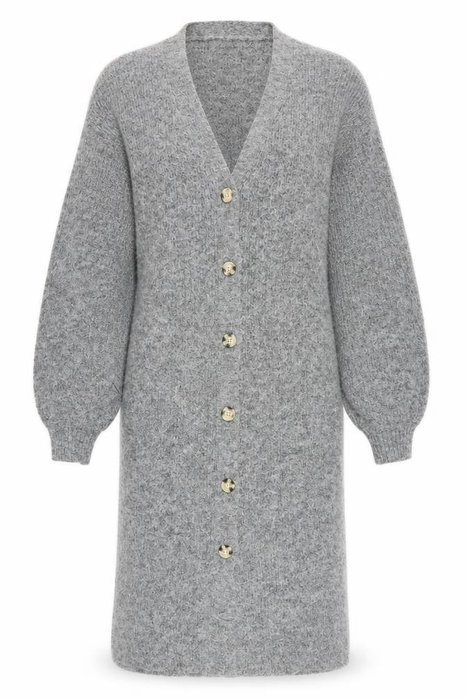 Front view of NA-KD Women Grey Long Knit Cardigan, size S, V-Neck Button Front