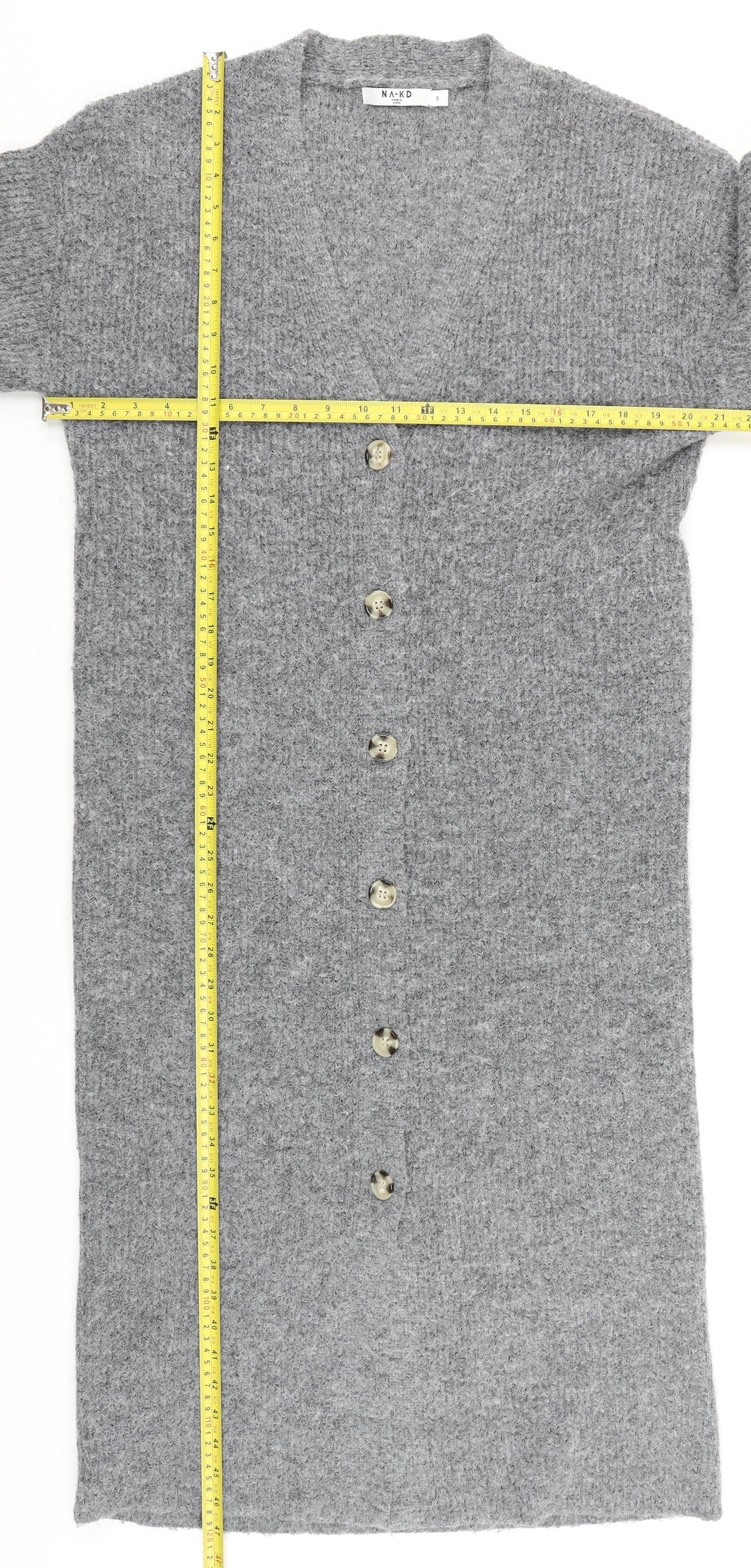 NA-KD Women Grey Long Knit Cardigan Size S V-Neck Button Front