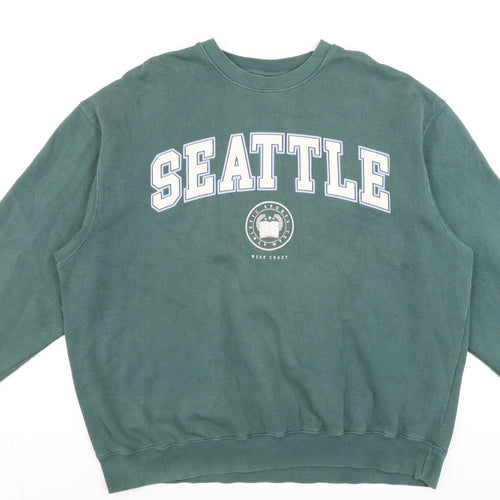 Pull & Bear Women Green Seattle Graphic Crew Neck Sweatshirt L