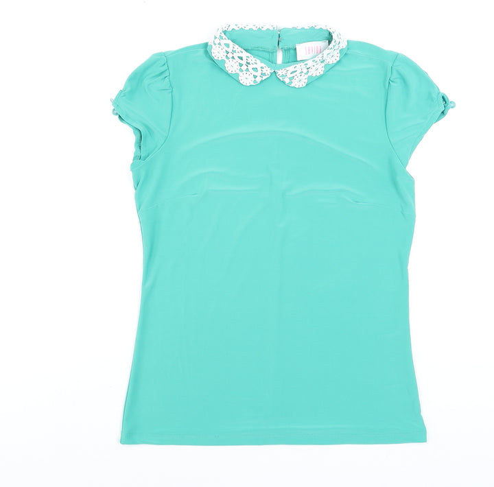 Savida Women Green Short Sleeve Crochet Collar Blouse Size M
