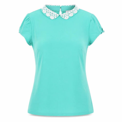 Savida Women Green Short Sleeve Crochet Collar Blouse Size M