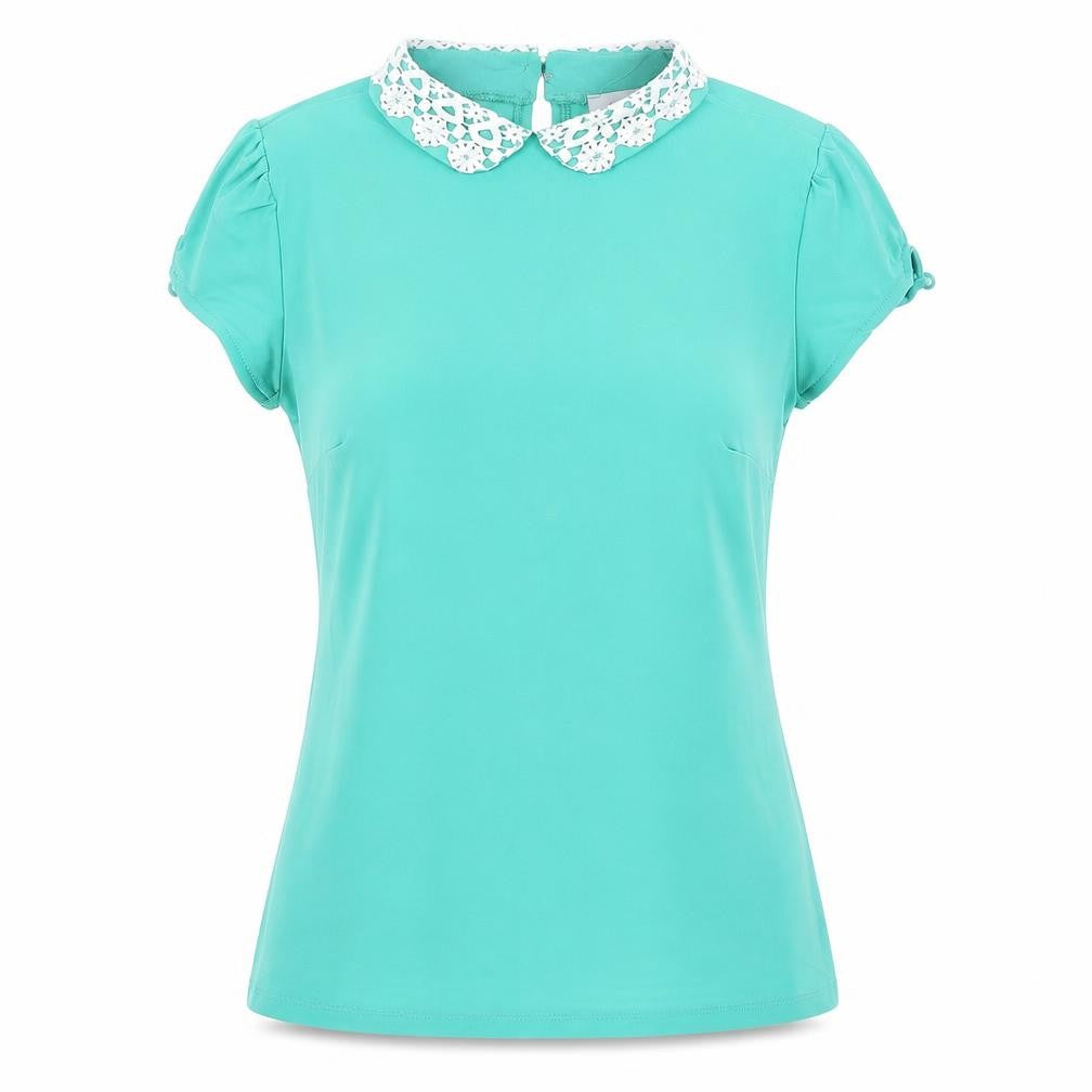 Savida Women Green Short Sleeve Crochet Collar Blouse Size M