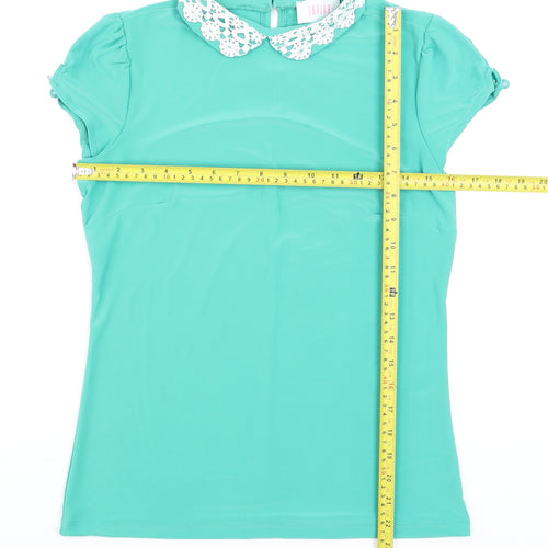 Savida Women Green Short Sleeve Crochet Collar Blouse Size M