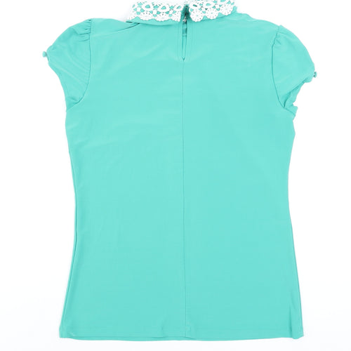 Savida Women Green Short Sleeve Crochet Collar Blouse Size M