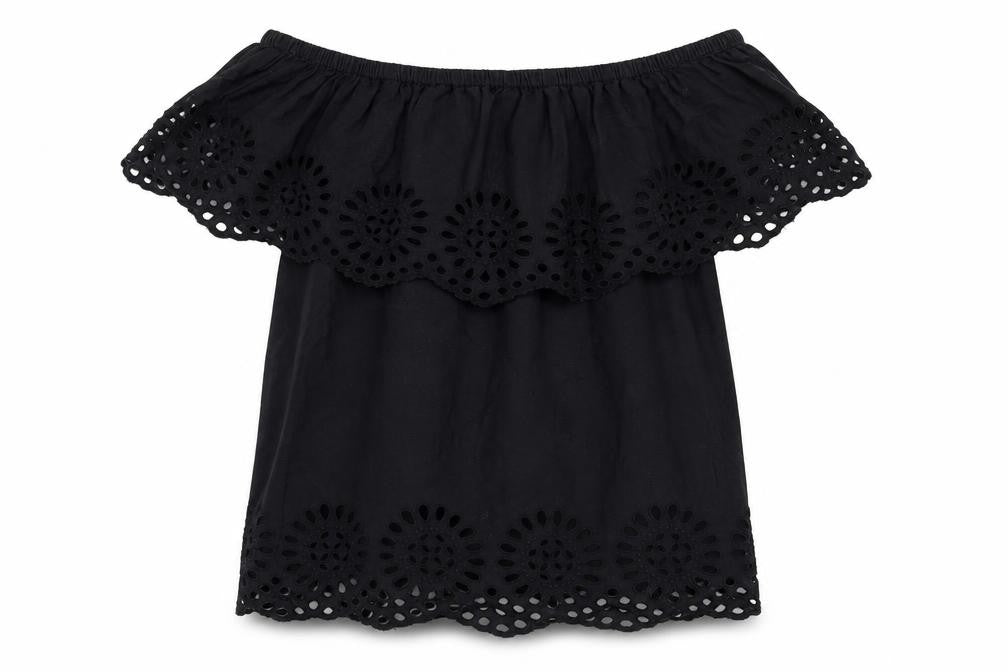 Front view of VILA Women's Black Off Shoulder Embroidered Cotton Tunic Blouse, size S
