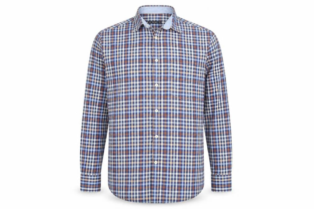 Front view of Dunnes Men's Blue Check Long Sleeve Cotton Button-Up Shirt M