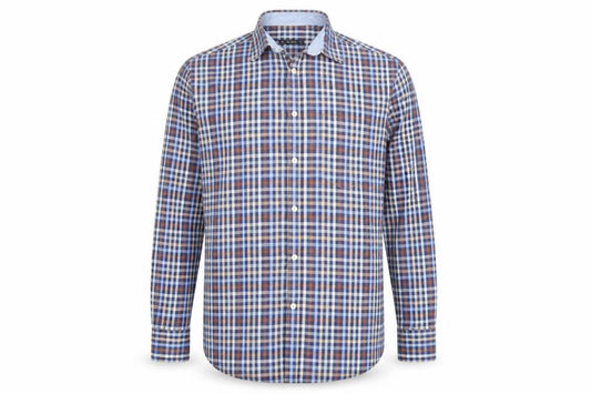 Front view of Dunnes Men's Blue Check Long Sleeve Cotton Button-Up Shirt M