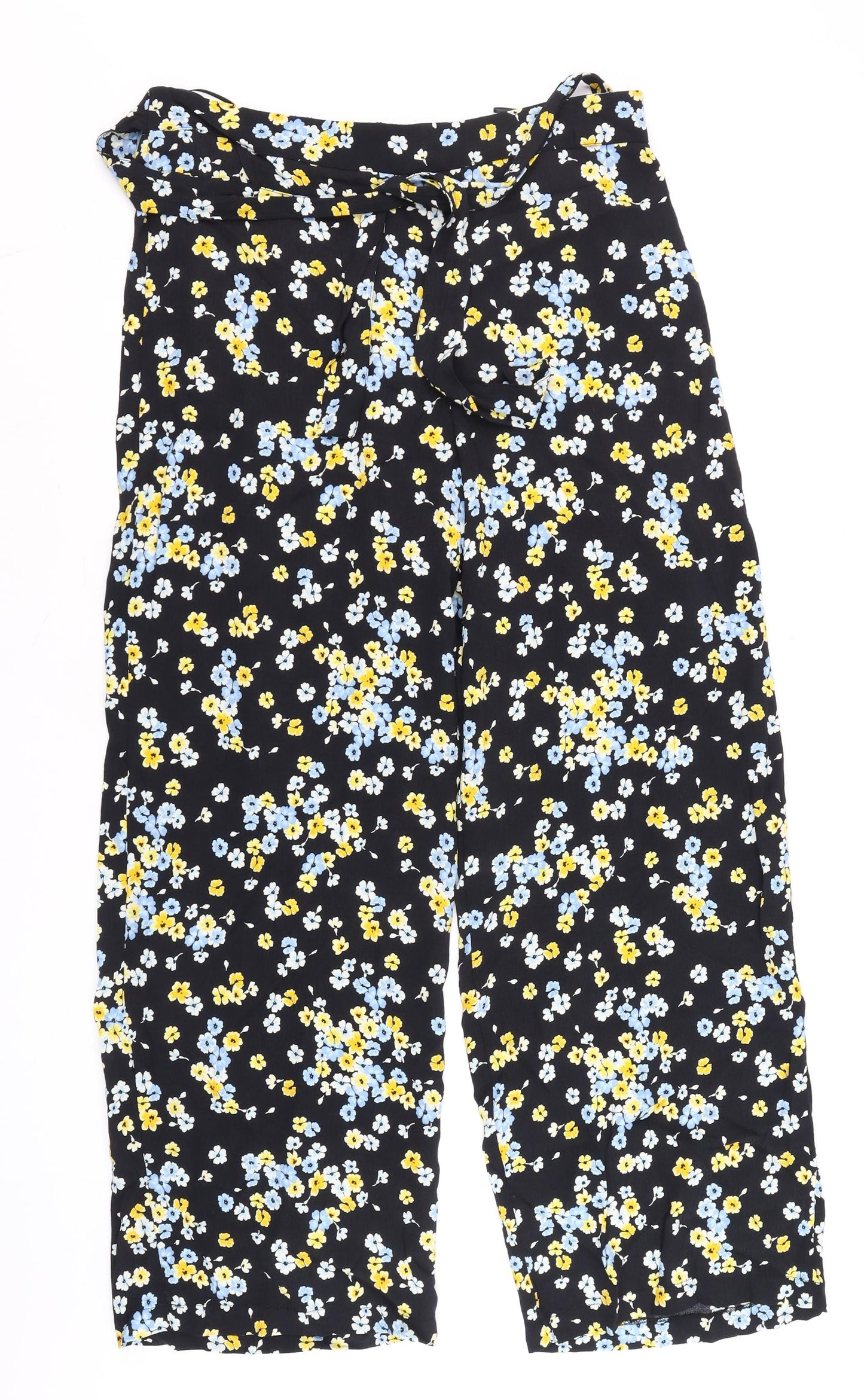F&F Womens Black Floral Paperbag Wide-Leg Trousers UK 12