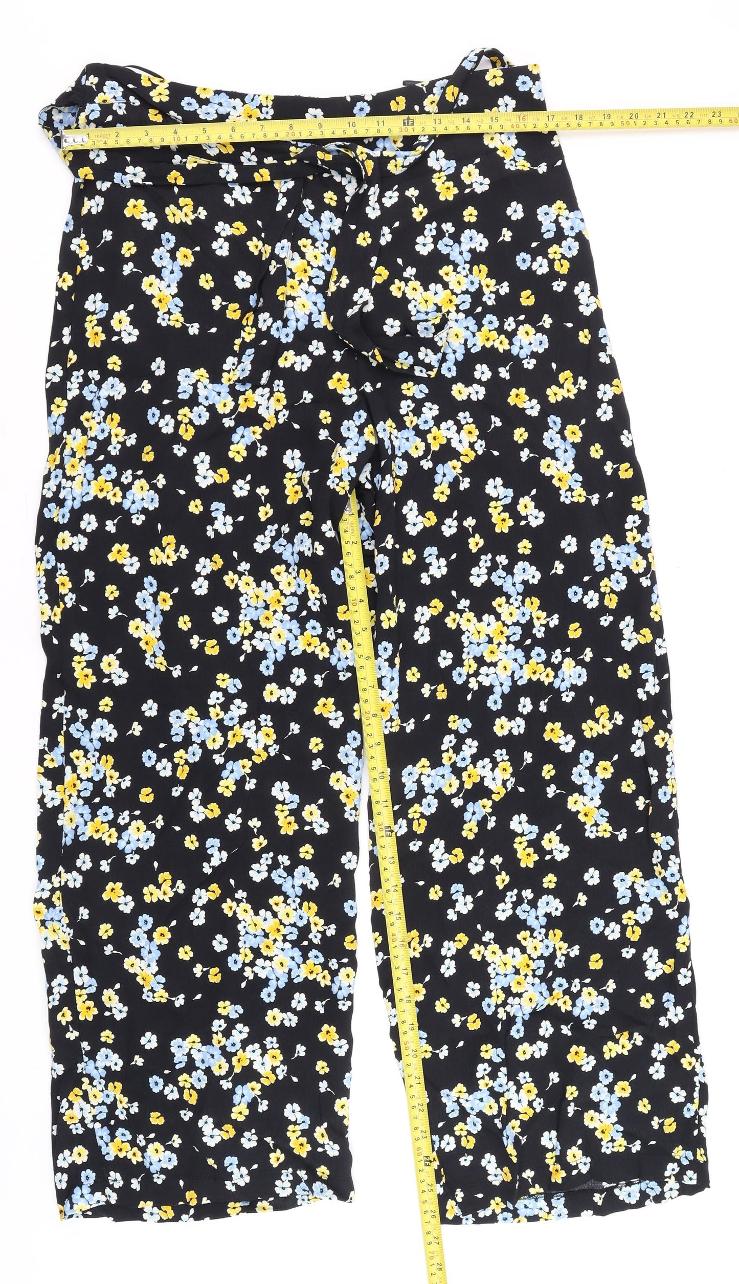F&F Womens Black Floral Paperbag Wide-Leg Trousers UK 12