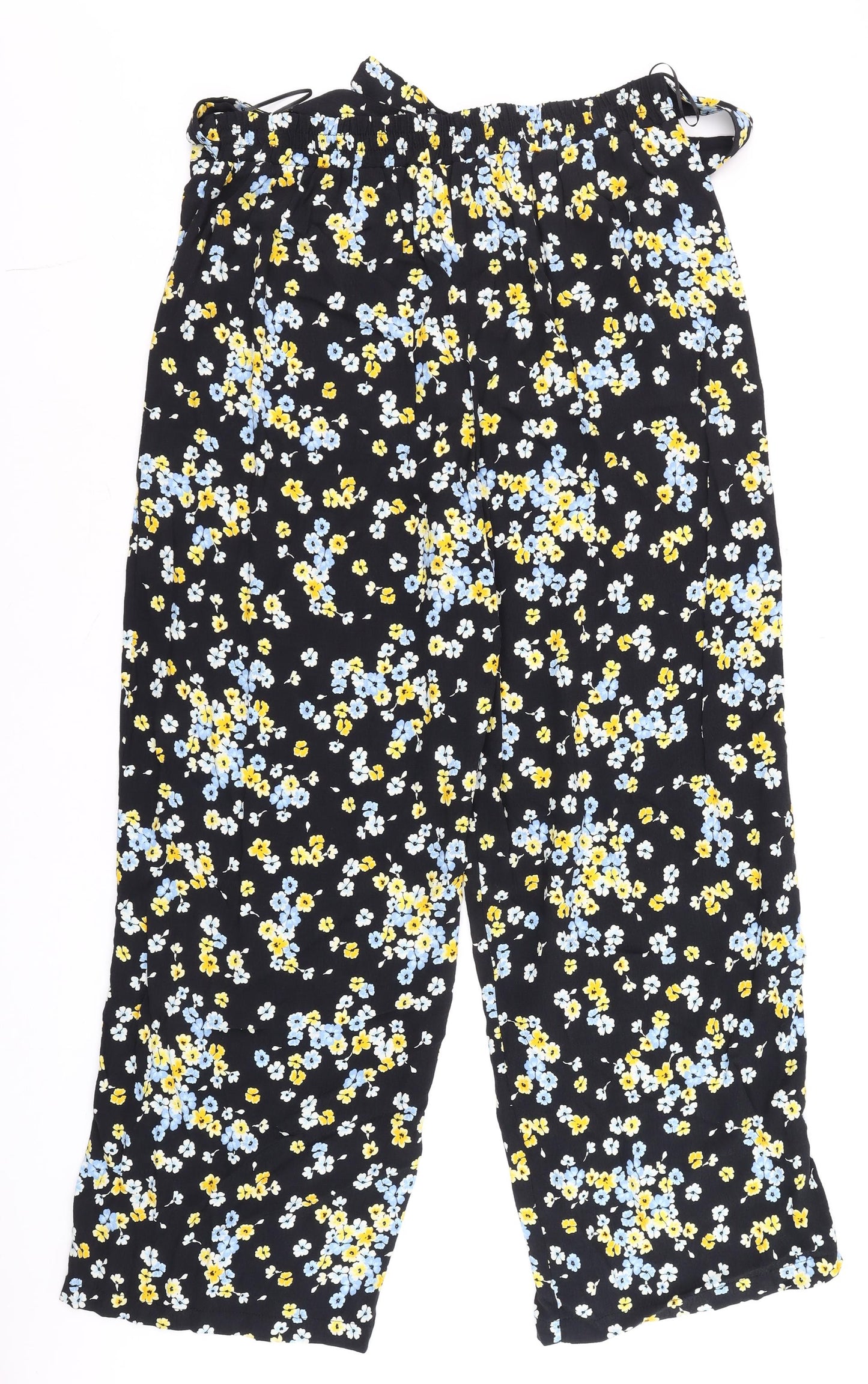 F&F Womens Black Floral Paperbag Wide-Leg Trousers UK 12
