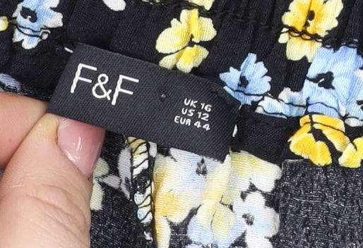 F&F Womens Black Floral Paperbag Wide-Leg Trousers UK 12