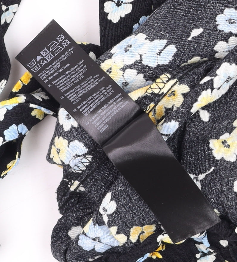 F&F Womens Black Floral Paperbag Wide-Leg Trousers UK 12