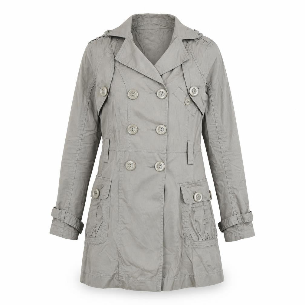 Front view of XDYE women’s grey double breasted trench coat, size S, classic style