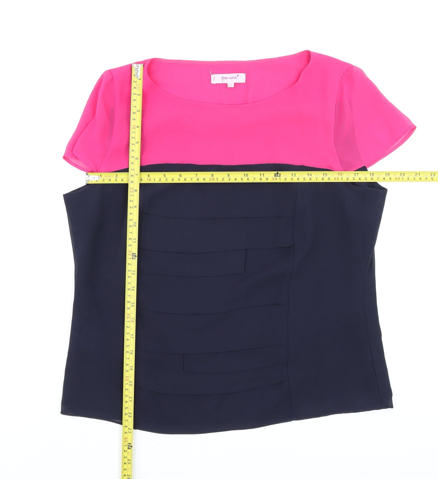Marks and Spencer Per Una Pink and Navy Colourblock Short Sleeve Tunic Blouse Size 14