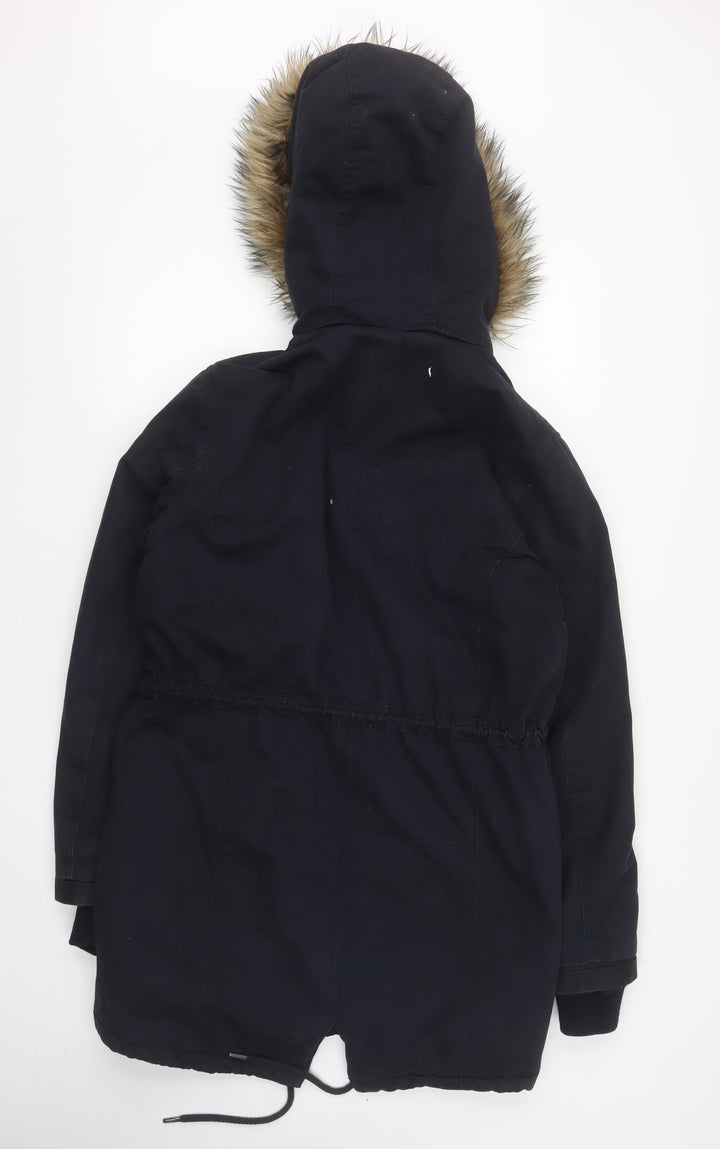River Island Men's Black Parka Coat S Faux Fur Hooded Winter Jacket