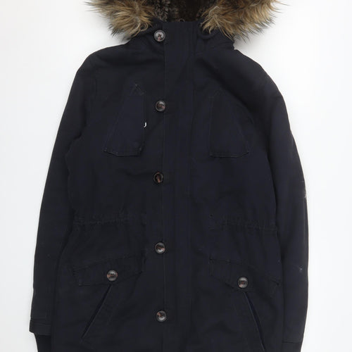 River Island Men's Black Parka Coat S Faux Fur Hooded Winter Jacket