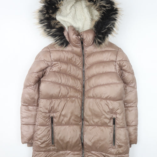 Next Girls Beige Hooded Long Puffer Coat 7 Years Faux Fur Trim Winter Jacket