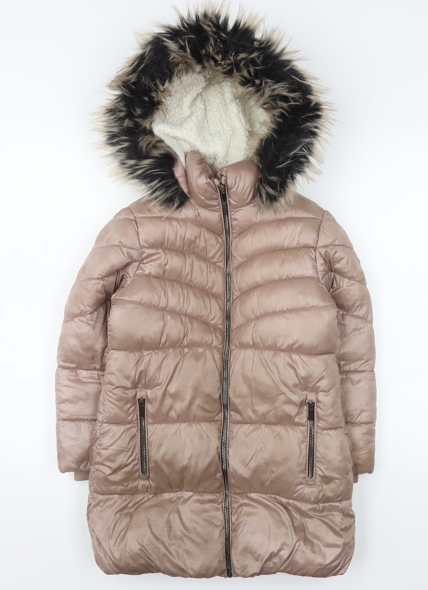 Next Girls Beige Hooded Long Puffer Coat 7 Years Faux Fur Trim Winter Jacket