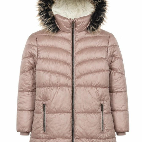 Next Girls Beige Hooded Long Puffer Coat 7 Years Faux Fur Trim Winter Jacket