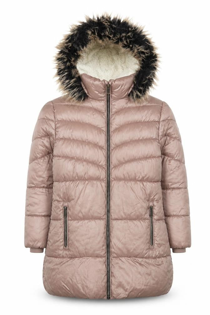 Next Girls Beige Hooded Long Puffer Coat 7 Years Faux Fur Trim Winter Jacket