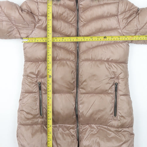 Next Girls Beige Hooded Long Puffer Coat 7 Years Faux Fur Trim Winter Jacket