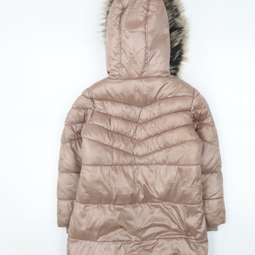 Next Girls Beige Hooded Long Puffer Coat 7 Years Faux Fur Trim Winter Jacket