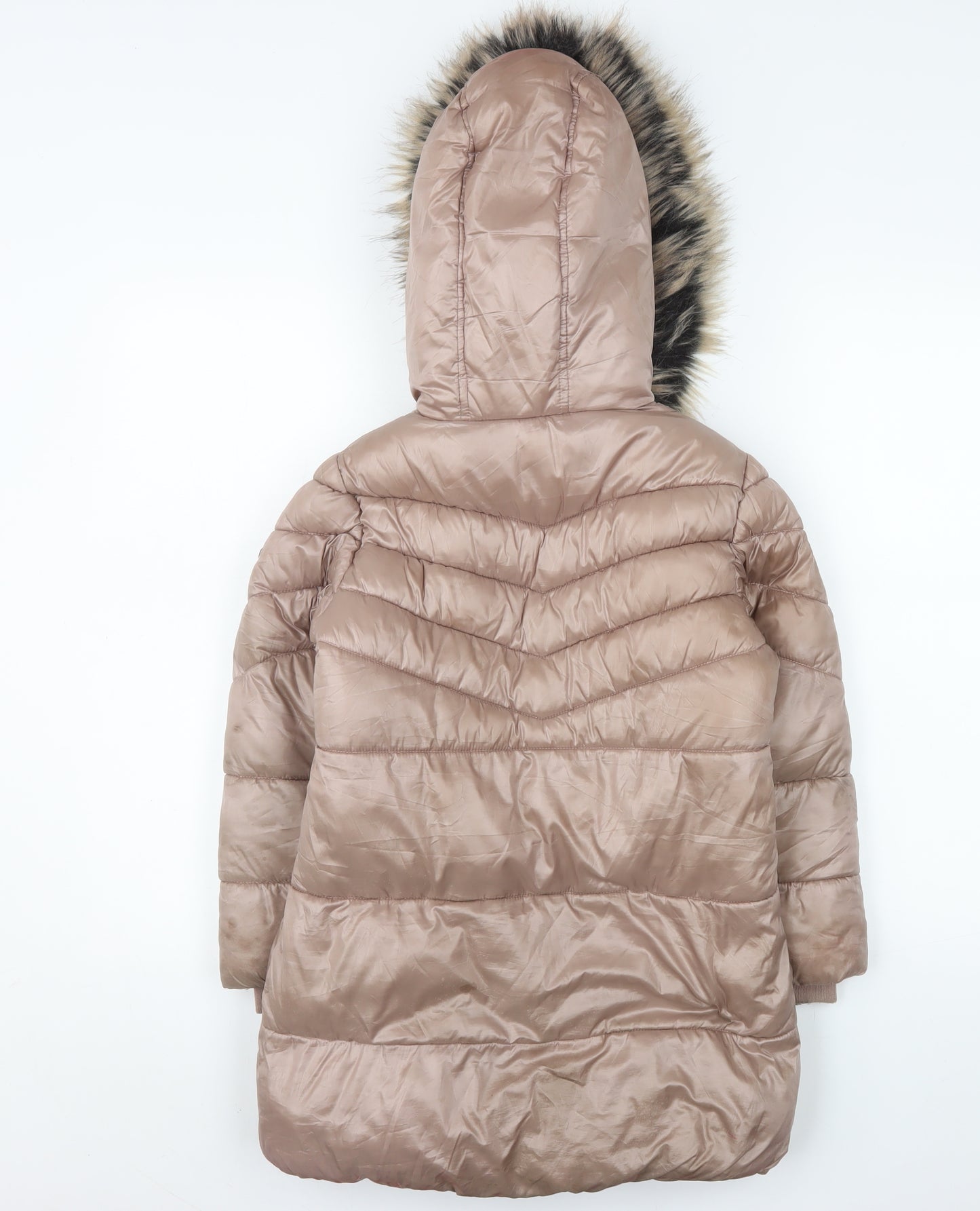 Next Girls Beige Hooded Long Puffer Coat 7 Years Faux Fur Trim Winter Jacket