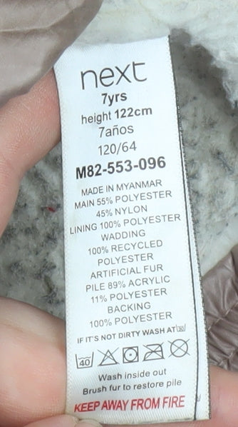 Next Girls Beige Hooded Long Puffer Coat 7 Years Faux Fur Trim Winter Jacket