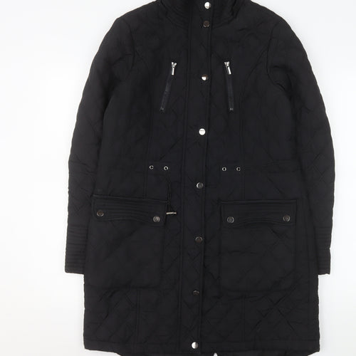 Tu Women’s Black Quilted Long Coat Size 10 Lined Zip Pockets