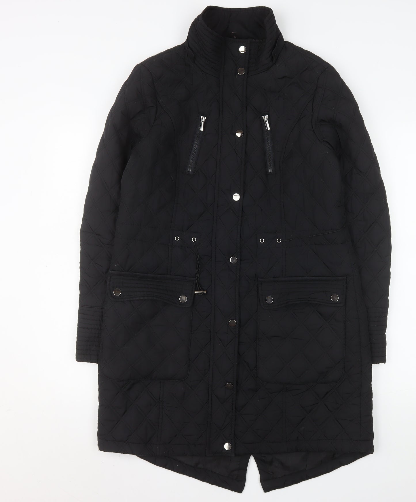 Tu Women’s Black Quilted Long Coat Size 10 Lined Zip Pockets