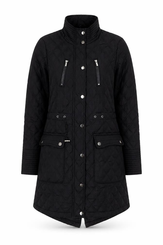 Front view of Tu Women’s Black Quilted Long Coat, size UK 10, Lined Zip Pockets