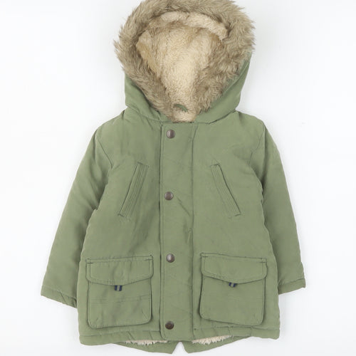 George Unisex Baby Green Hooded Parka Coat 12-18 Months Faux Fur Lined Winter Jacket