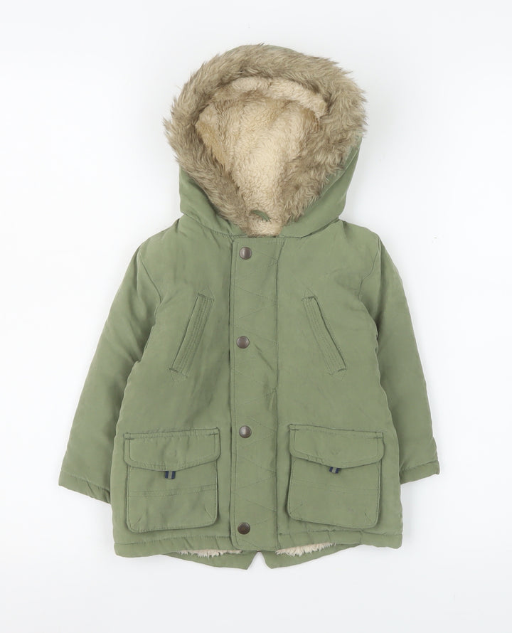 George Unisex Baby Green Hooded Parka Coat 12-18 Months Faux Fur Lined Winter Jacket
