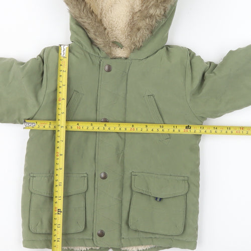 George Unisex Baby Green Hooded Parka Coat 12-18 Months Faux Fur Lined Winter Jacket