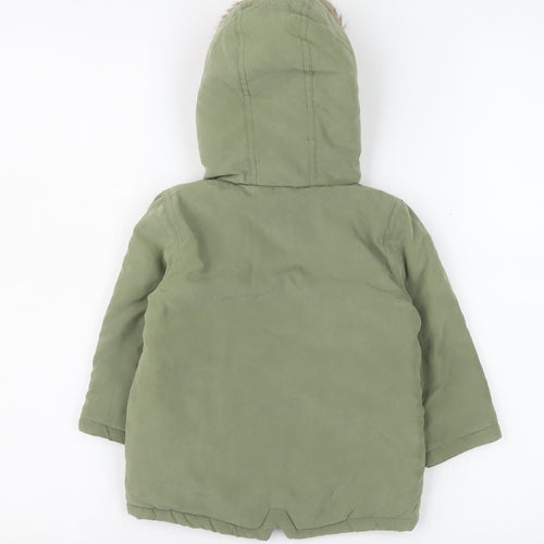 George Unisex Baby Green Hooded Parka Coat 12-18 Months Faux Fur Lined Winter Jacket