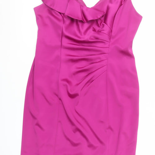 Debenhams Petite Womens Pink Sheath Ruffle V-Neck Dress Size 16