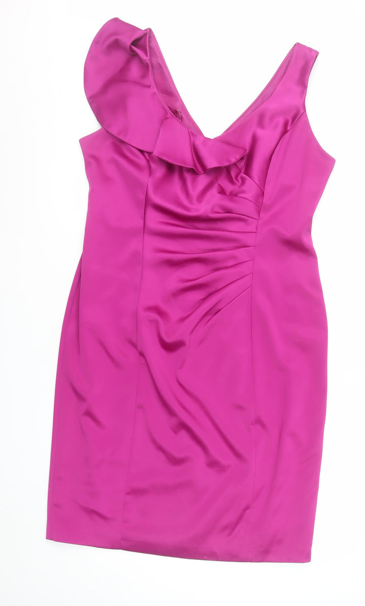Debenhams Petite Womens Pink Sheath Ruffle V-Neck Dress Size 16