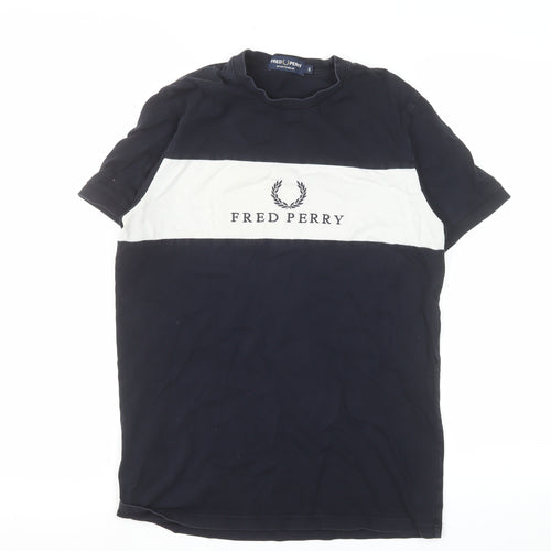 Fred Perry Men's Blue Colourblock Logo Crew Neck Cotton T-Shirt S