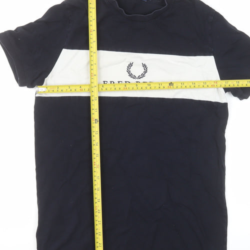 Fred Perry Men's Blue Colourblock Logo Crew Neck Cotton T-Shirt S