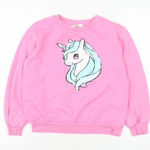 H&M Girls Pink Unicorn Sequin Pullover Sweatshirt 9-10 Years