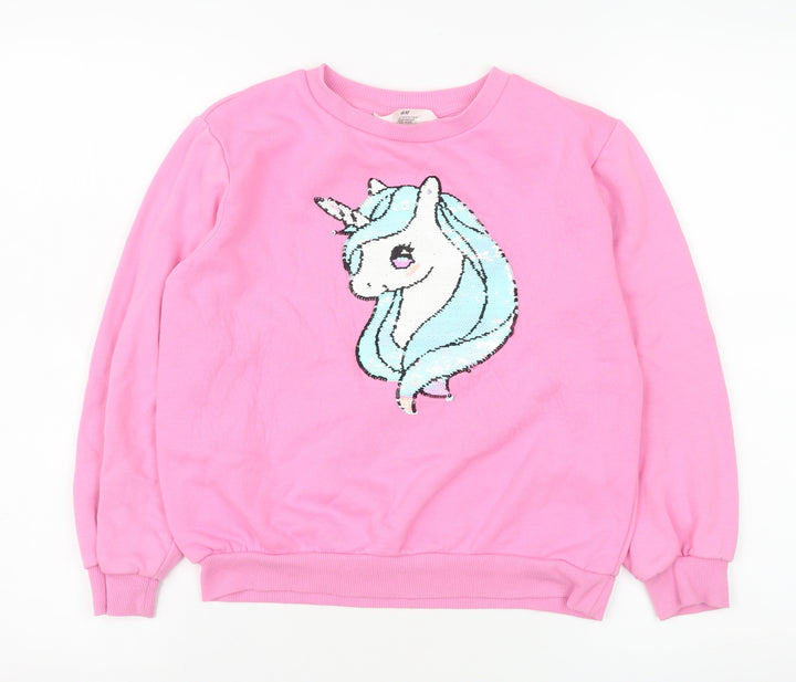 H&M Girls Pink Unicorn Sequin Pullover Sweatshirt 9-10 Years