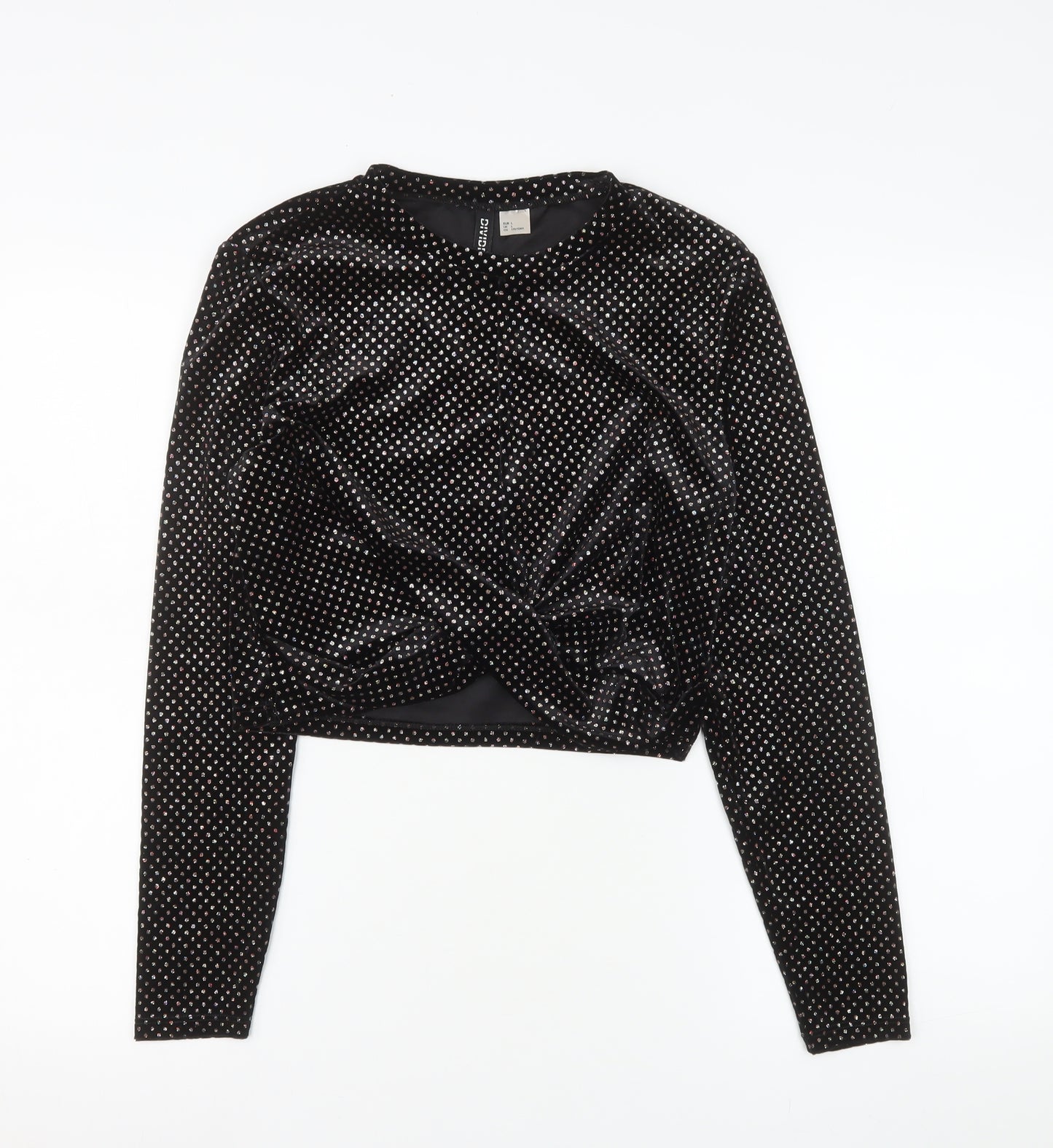 H&M Divided Womens Black Velvet Long Sleeve Cropped Top L