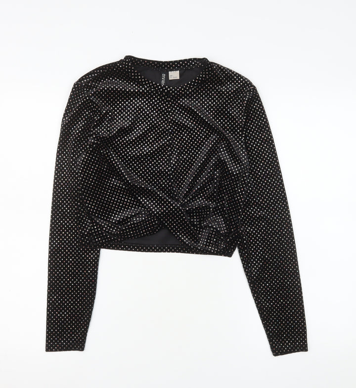 H&M Divided Womens Black Velvet Long Sleeve Cropped Top L