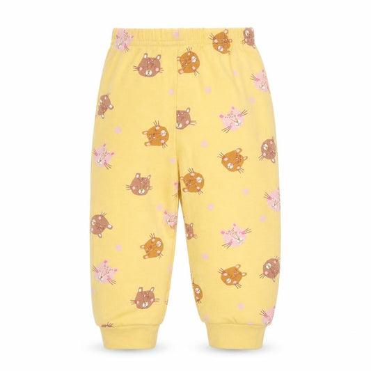 Front view of Primark unisex baby yellow cat print cotton jogger trousers 12-18 months