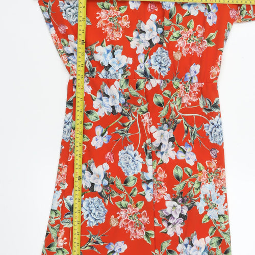 H&M Women Red Floral Knee Length A-Line Dress Size 8
